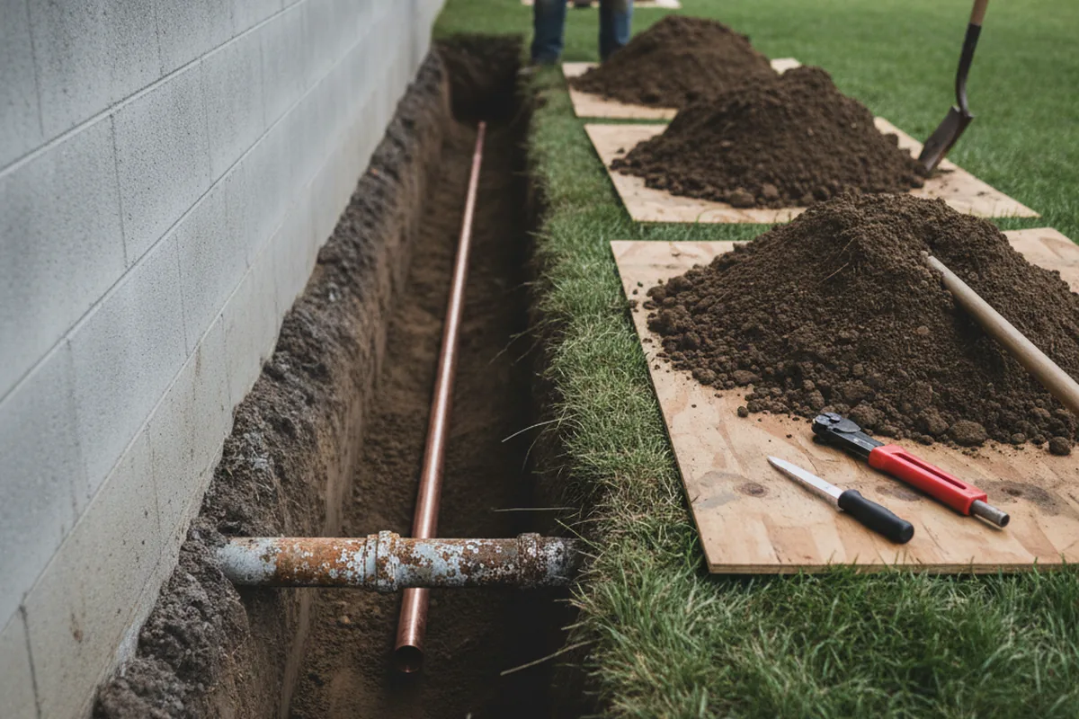Excavated water line trench during Sewer Line Repair in Beebe